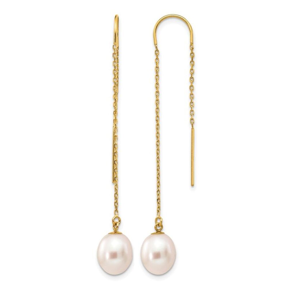 14K Gold Filled 7-8mm White FWC Rice Pearl Threader Earrings, 57mm